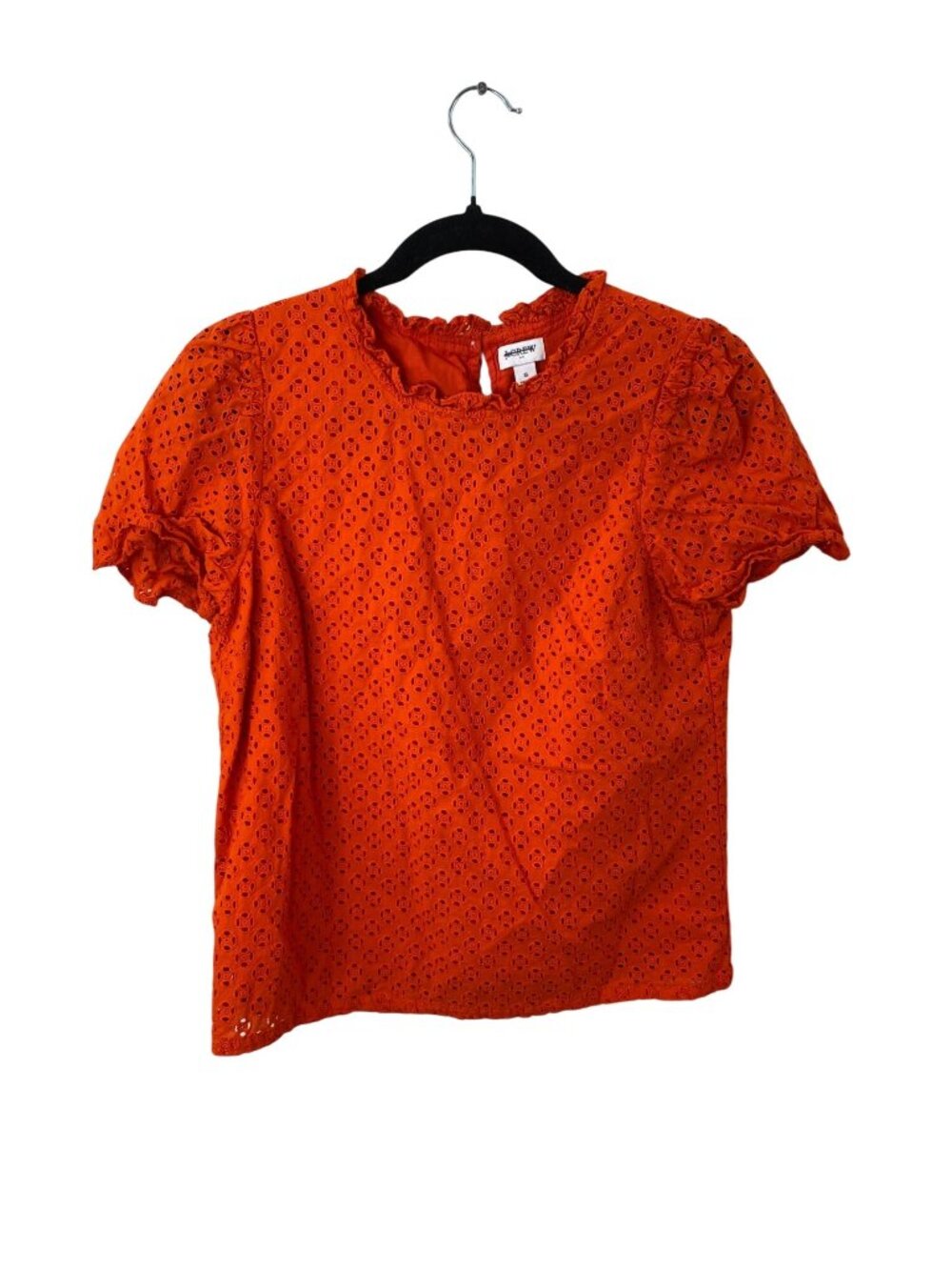 J.Crew Womens Eyelet Lace Top S Orange Ruffle Neck Puff Sleeve 100% Cotton Lined
